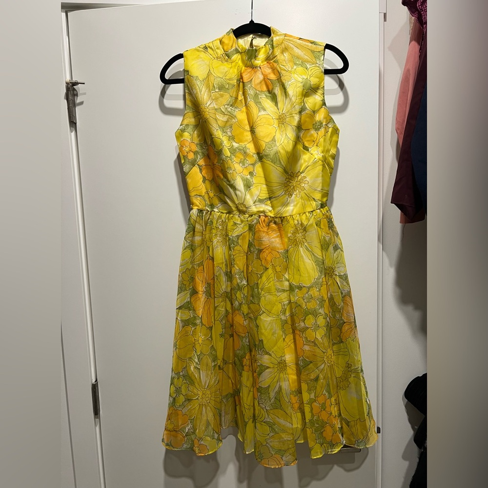 Vintage Floral Yellow Sleeveless Dress